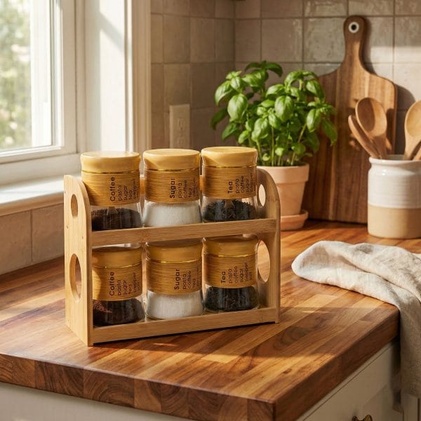 6-Piece Glass Spice & Condiment Jar Set with Wooden Rack