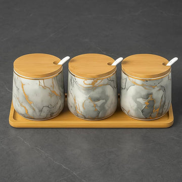 Premium Grey Aurora Marble Ceramic Condiment Jar Set – 3 Pieces (350ml Each)