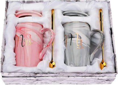 2-Piece Mr. & Mrs. Marble Ceramic Coffee Mug Set with Lids & Gold Spoons