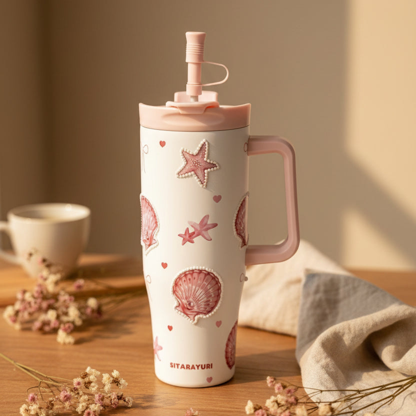 SITARAYURI 3D Ocean Shell Pearl Straw Tumbler