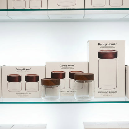 Danny Home Premium Borosilicate Glass Storage Jar Set (2 Pcs) – 340ml | Acacia Wood Lid