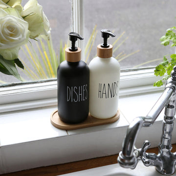 Premium: Luxe Glass Soap Dispenser Set with Bamboo Pumps & Organizing Tray (Set of 2) - My Store