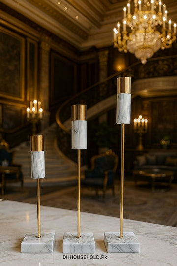 Luxury Marble & Gold Candle Holder Set – 3 Pcs