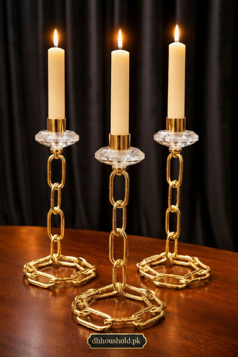 Luxury Gold Chain Crystal Candle Stand (Set of 3) - My Store