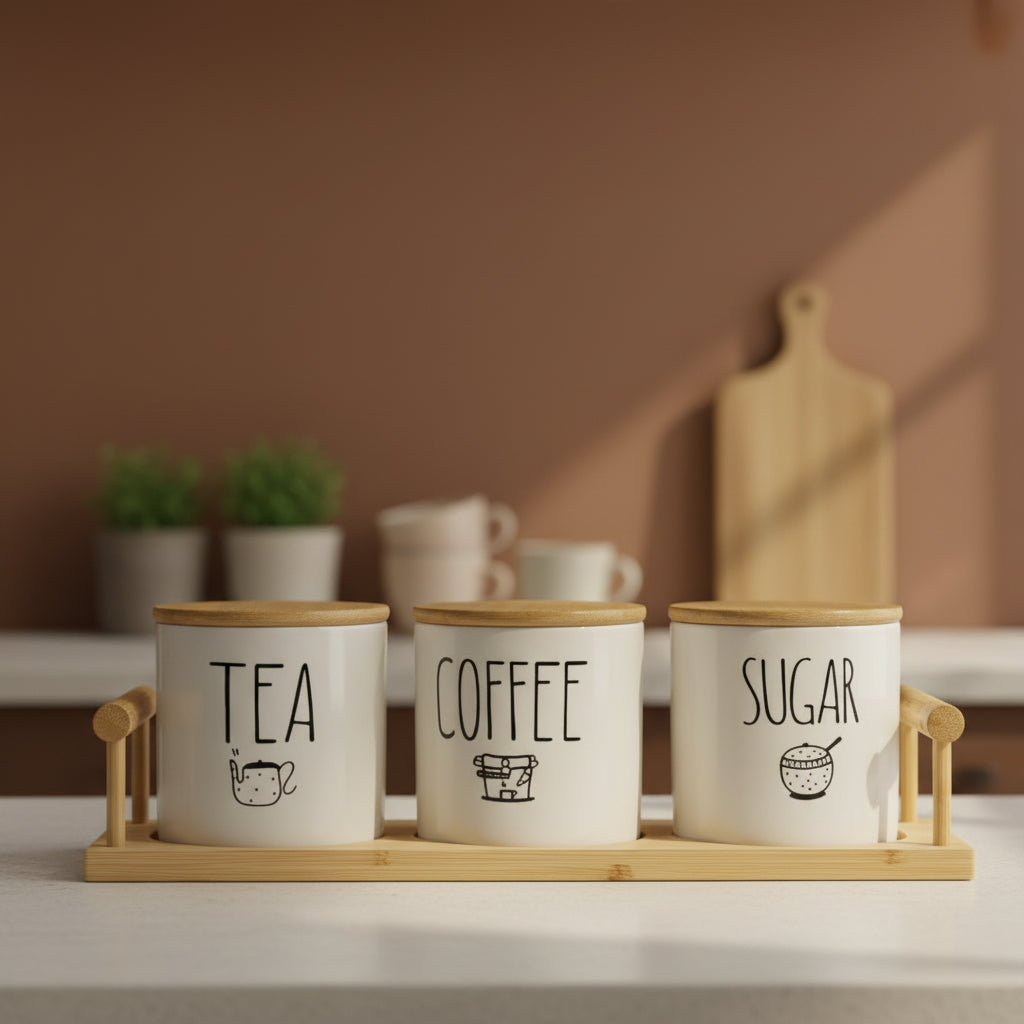 CeraNest 3-Piece Ceramic Kitchen Canister Set with Wooden Tray