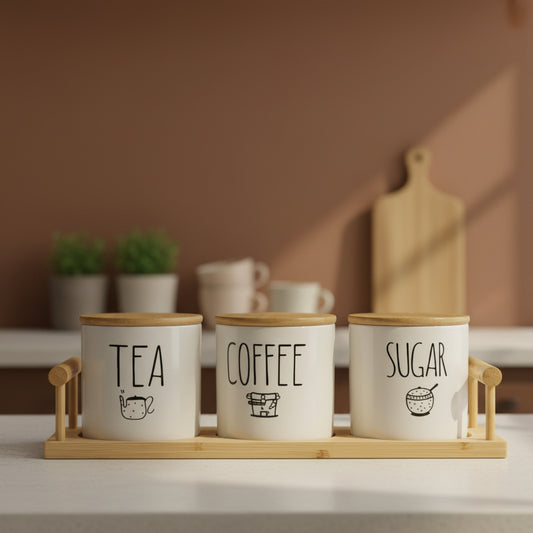 CeraNest 3-Piece Ceramic Kitchen Canister Set with Wooden Tray