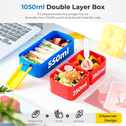 Double-Layer Building Block Kids Lunch Box – 1050ml with Cutlery & Compartments
