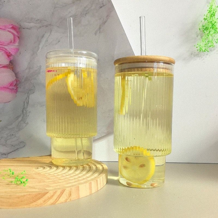 Ribbed Drinking Glasses with Bamboo Lids and Straws  400ML - My Store