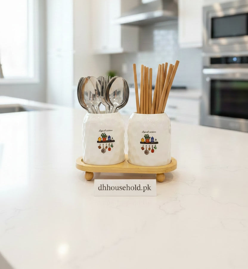 Ceramic Kitchen Canister Set with Wooden Stand (2 Pcs) - My Store