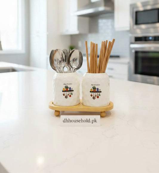 Ceramic Kitchen Canister Set with Wooden Stand (2 Pcs) - My Store