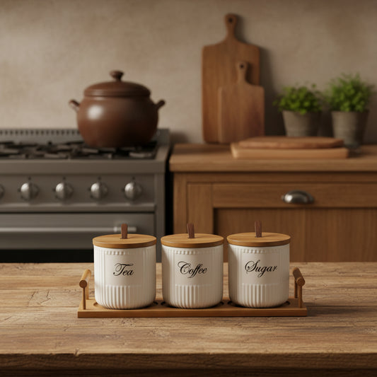 3-Piece Ribbed Ceramic Kitchen Canister Set with Wooden Tray