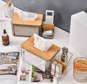 Acrylic Tissue Box with Wooden Lid & Remote Control Holder