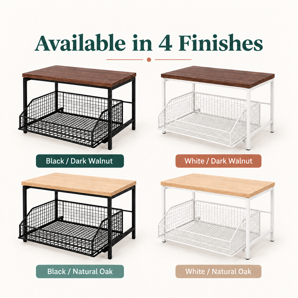 2-Tier Wooden Countertop Organizer with Sliding Mesh Basket