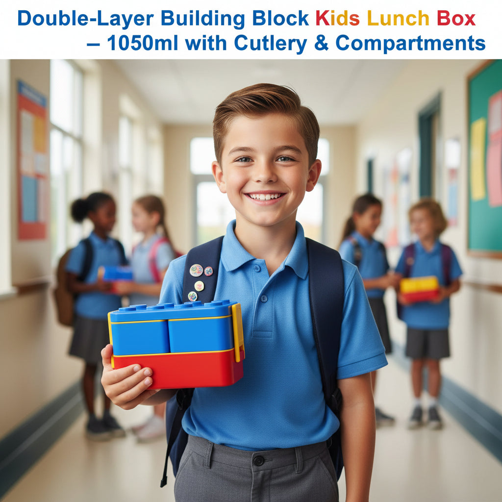 Double-Layer Building Block Kids Lunch Box – 1050ml with Cutlery & Compartments