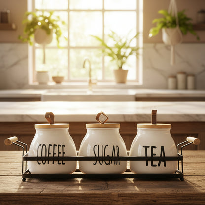 3-Piece Ceramic Tea, Sugar & Coffee Canister Set with Metal Rack & Wooden Lids