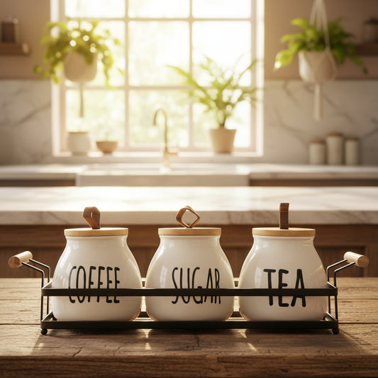 3-Piece Ceramic Tea, Sugar & Coffee Canister Set with Metal Rack & Wooden Lids