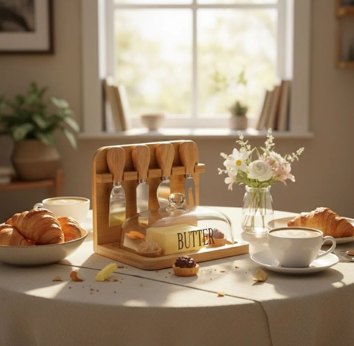 Bamboo Butter & Cheese Board Set with Glass Dome - My Store