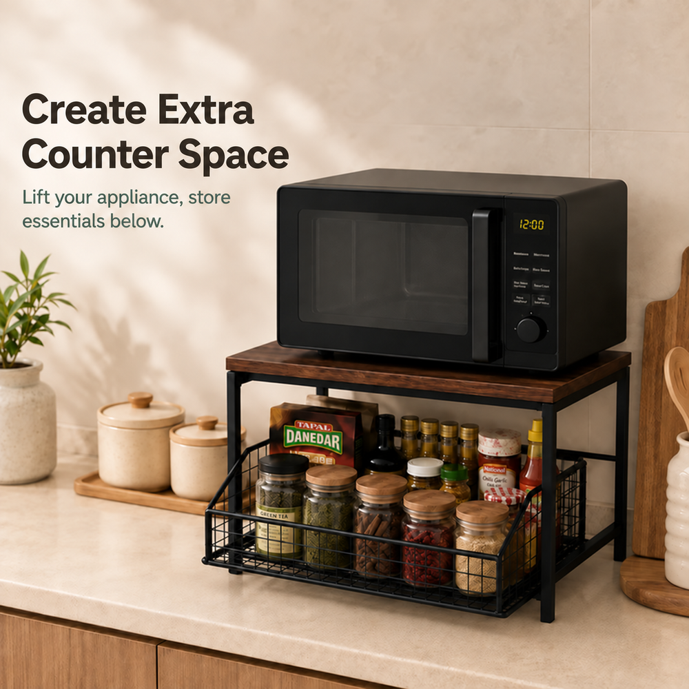 2-Tier Wooden Countertop Organizer with Sliding Mesh Basket
