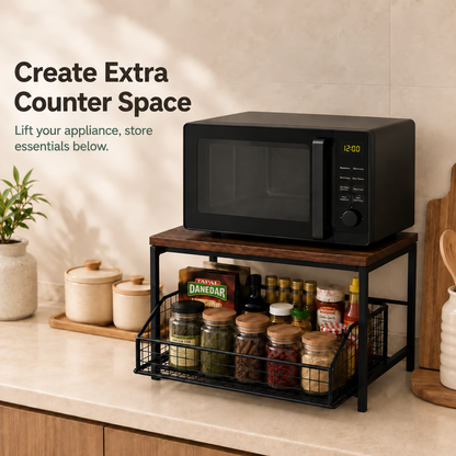 2-Tier Wooden Countertop Organizer with Sliding Mesh Basket