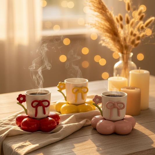 3D Flower & Bow Knot Ceramic Mug Set with Blossom Saucer & Spoon