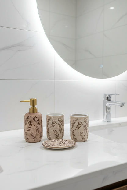Premium 4-Piece Ceramic Bathroom Accessory Set – Textured Leaf Pattern