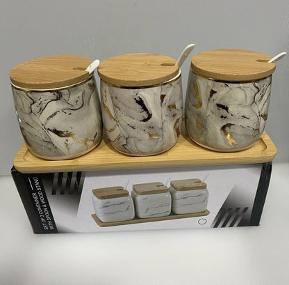 Premium Grey Aurora Marble Ceramic Condiment Jar Set – 3 Pieces (350ml Each)