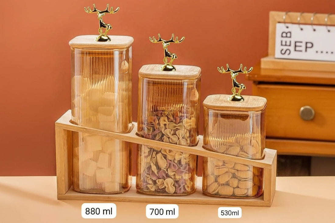 Luxury Deer Lid Storage Jar Set (3 Pcs with Wooden Stand) - My Store