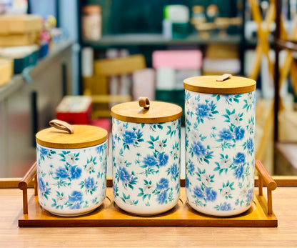 3-Piece Floral Ceramic Kitchen Storage Canister Set with Wooden Tray & Bamboo Lids