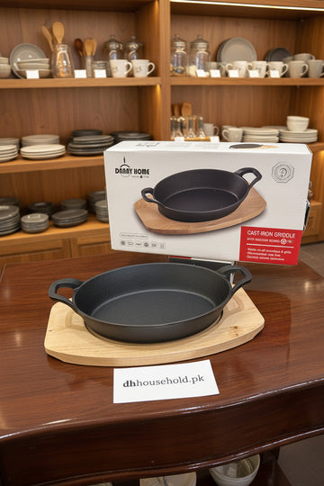 Danny Home Premium Pre-Seasoned Cast-Iron Sizzler Griddle with Wooden Board
