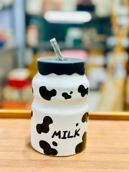 Ceramic Cow Print Milk Bottle Tumbler with Silicone Lid & Glass Straw