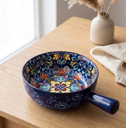 Handcrafted 6-Inch Bohemian Ceramic Handled Soup & Salad Bowl
