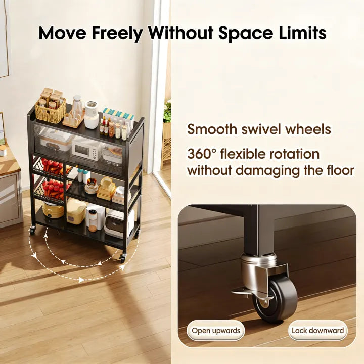 Multi-Functional Kitchen Storage Rack & Organizer Cart with Fluted Glass Cabinet