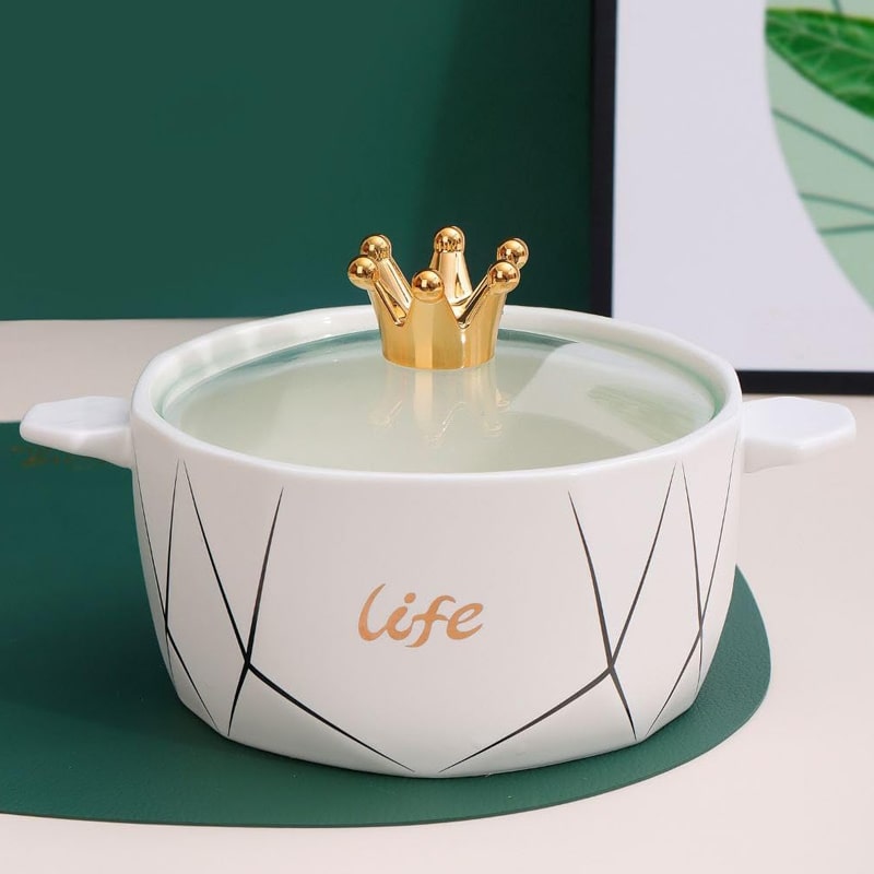 Crown Top Ceramic Noodle & Soup Bowl with Glass Lid – 1200ml