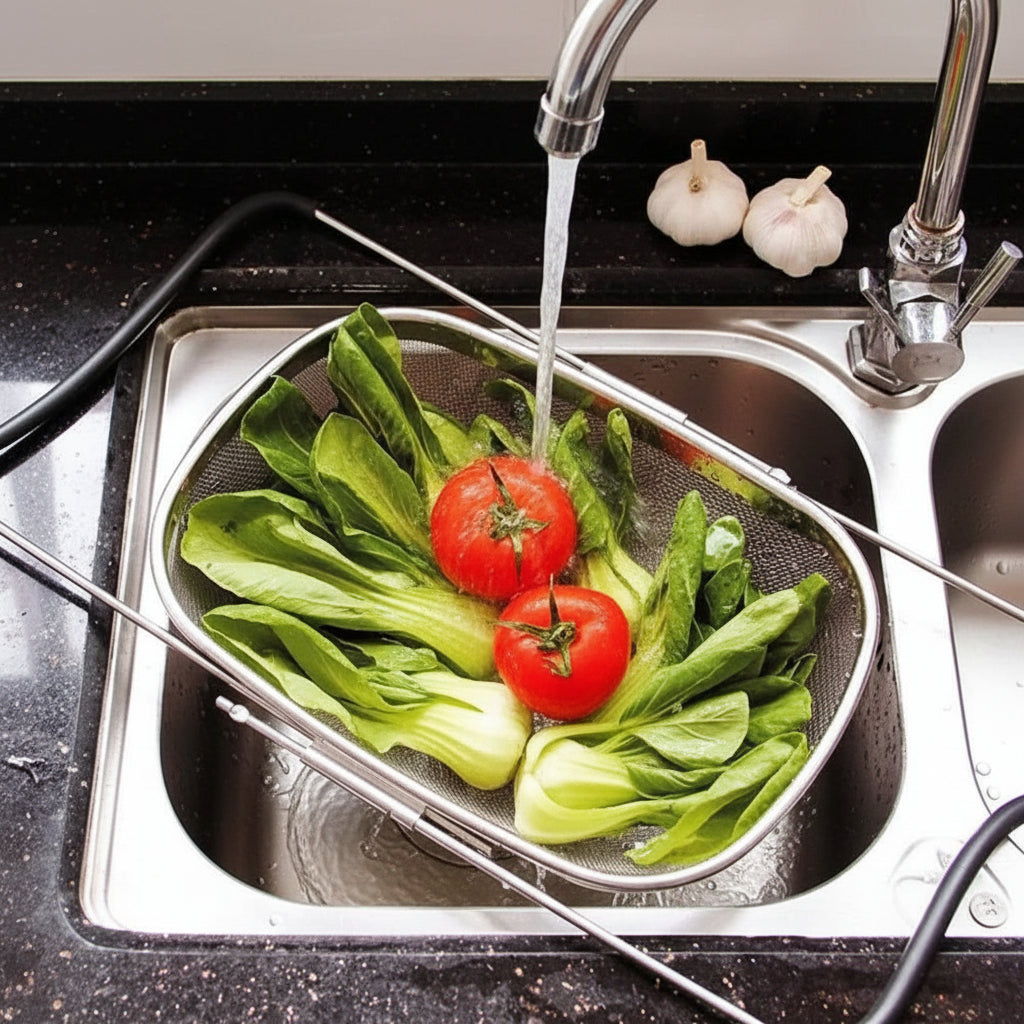 Over-the-Sink Expandable Stainless Steel Mesh Colander Basket