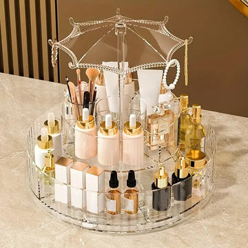 Umbrella Makeup Organizer – Transparent 360° Rotating Cosmetic Storage Box