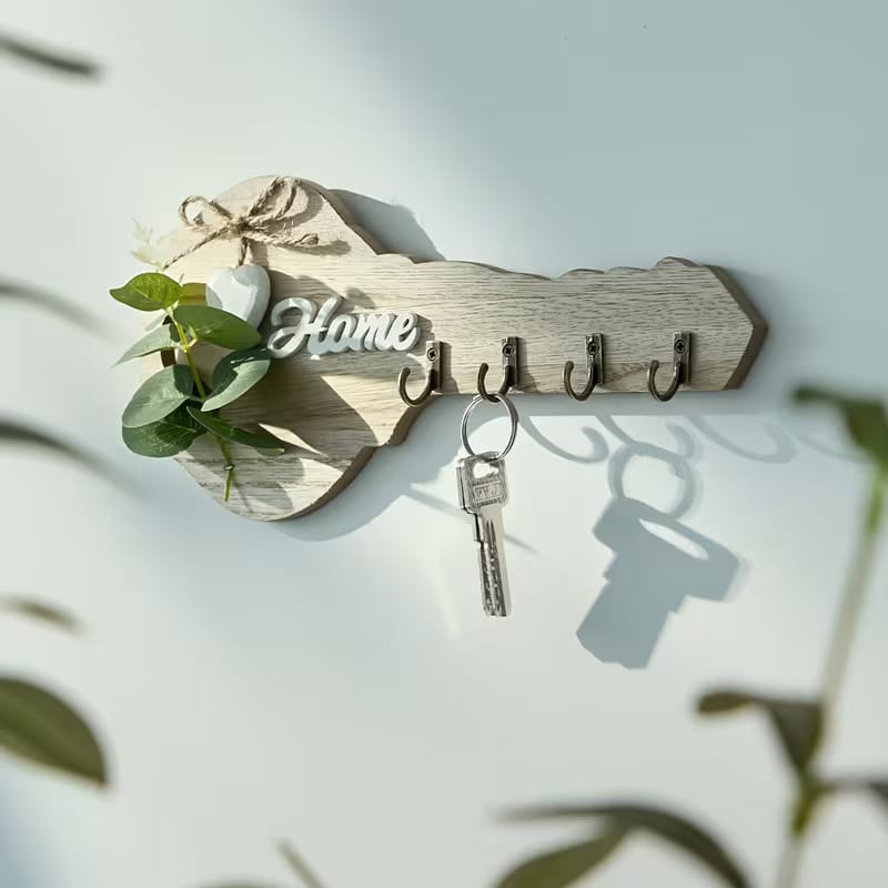 Aesthetic Key-Shaped Wooden Wall Key Holder with 4 Hooks