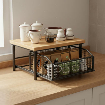 2-Tier Wooden Countertop Organizer with Sliding Mesh Basket
