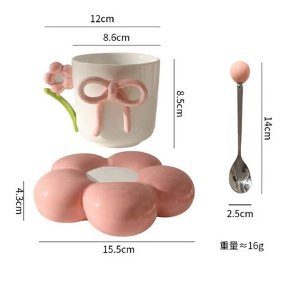 3D Flower & Bow Knot Ceramic Mug Set with Blossom Saucer & Spoon