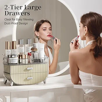 2-Tier Fluted Makeup Organizer with Drawers – Cream & Silver - My Store