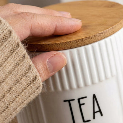 Ceramic Tea, Coffee & Sugar Canister Set with Bamboo Lids & Wooden Tray