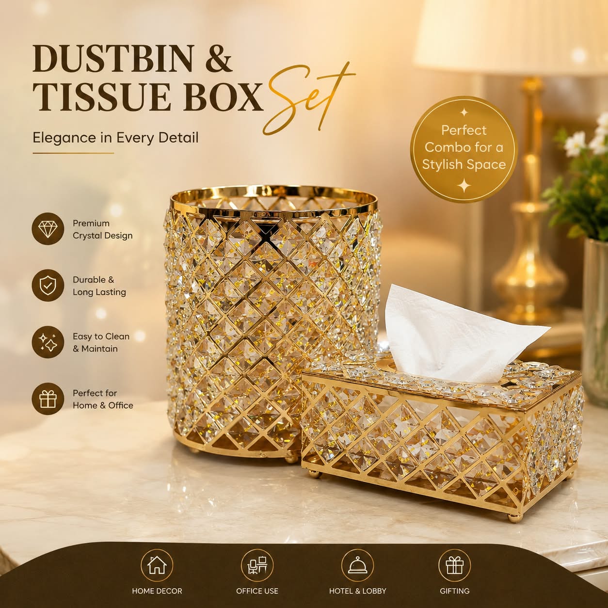 Luxury Golden Crystal Dustbin & Tissue Box Set | Elegant Home Décor