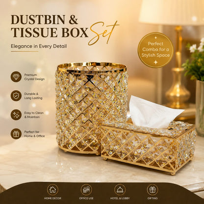 Luxury Golden Crystal Dustbin & Tissue Box Set | Elegant Home Décor
