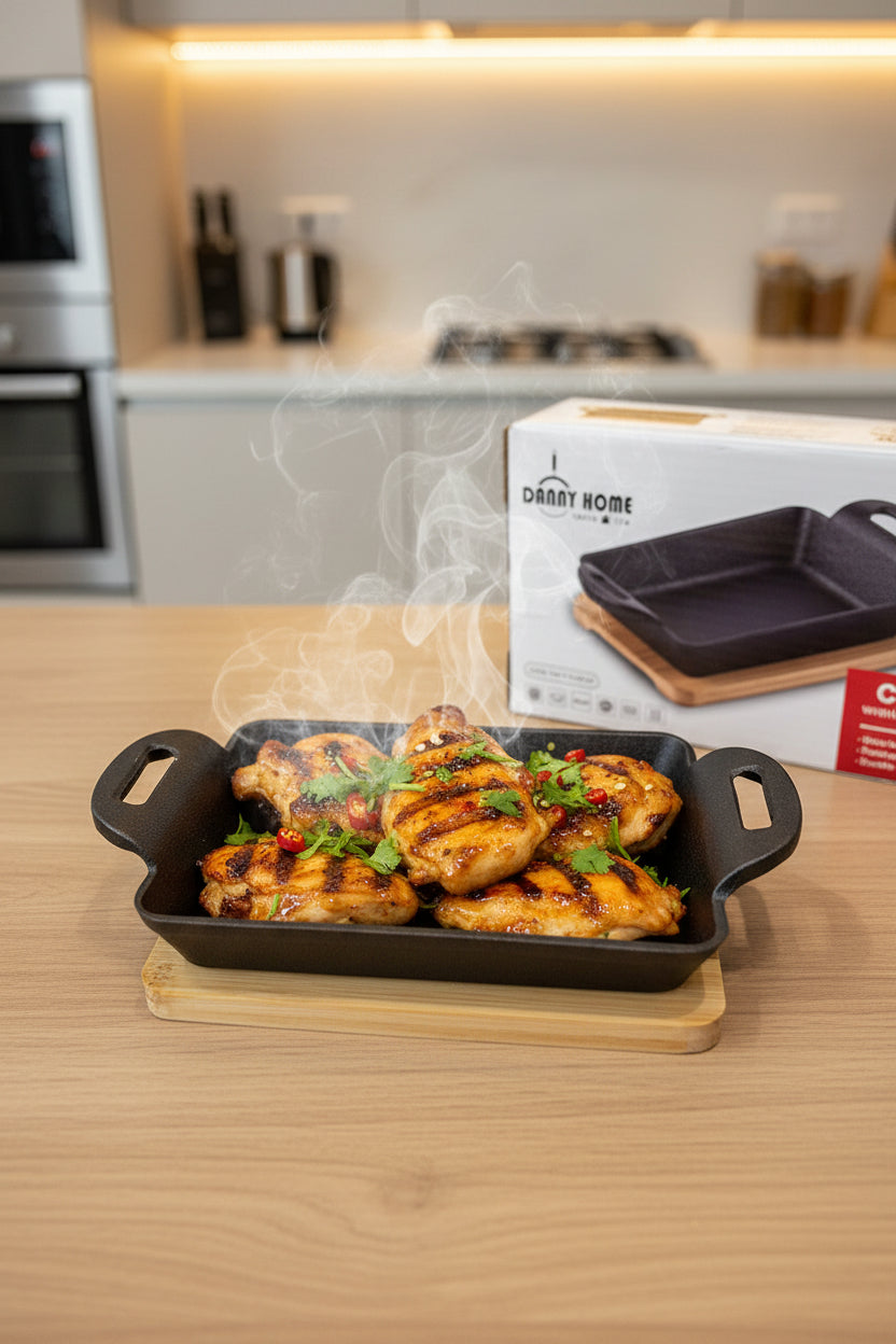 DannyHOME Pre-Seasoned Cast Iron Griddle Pan with Bamboo Base