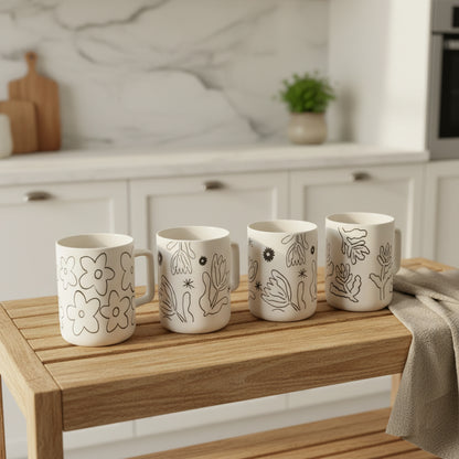 4-Piece Ceramic Floral Coffee Mug Set – 350ml / 12 oz