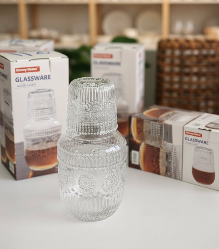 Danny Home Luxury Embossed Glass Bedside Carafe Set (600ml)