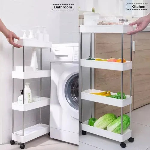4 Layer Gap Kitchen Storage Trolley Rack Slim Slide Tower Movable Assemble Plastic Bathroom Shelf Wheels