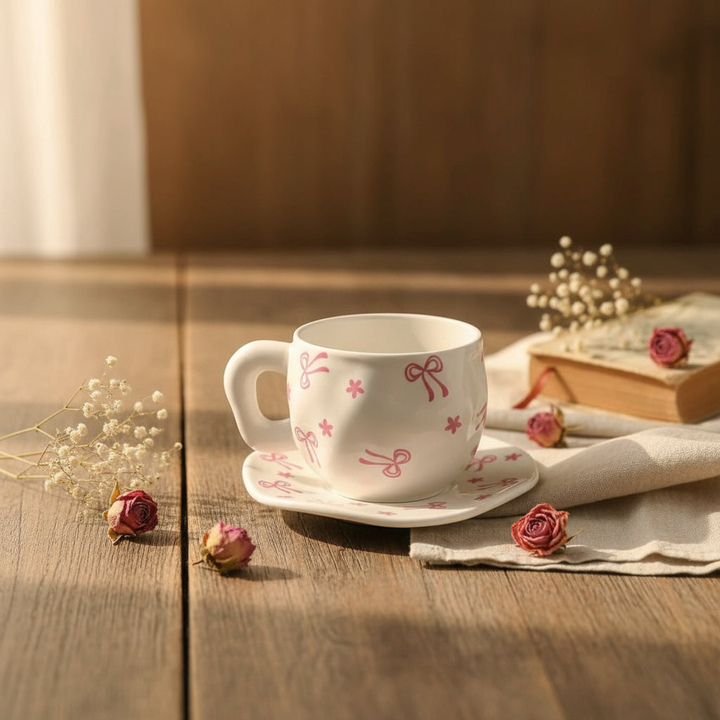Vintage Floral & Bow Design Ceramic Tea Cup & Saucer Set