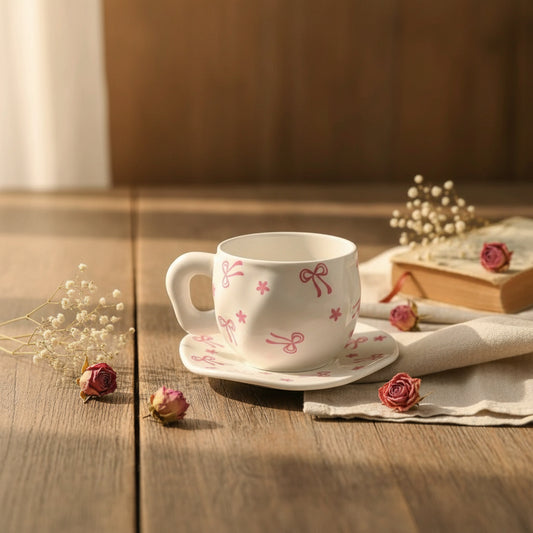 Vintage Floral & Bow Design Ceramic Tea Cup & Saucer Set