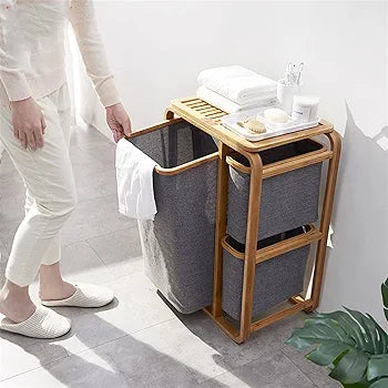 Multi-Tier Bamboo Laundry Sorter with Shelf