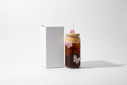 Generic Aesthetic Glass Tumbler with Straw – Pink Butterfly Design (550ml)